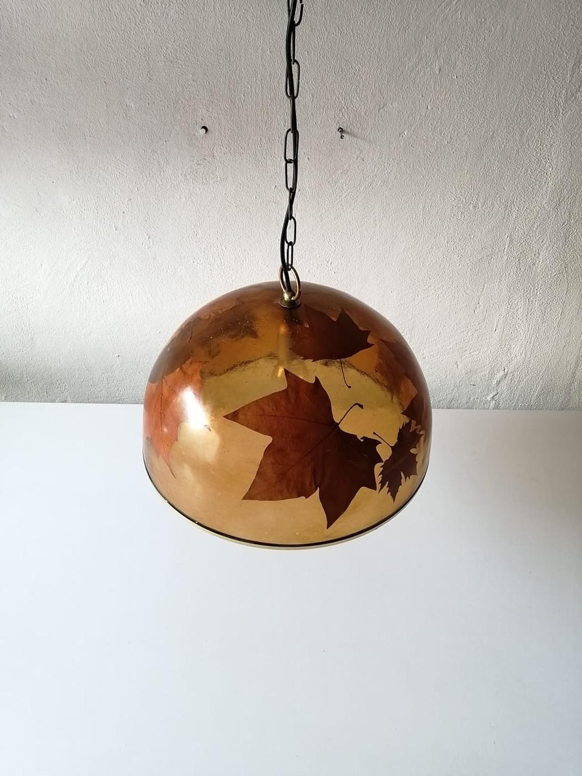 Wonderful Resin Shade With Real Leafs Italian Pendant Lamp, 1970s Italy photo furniture