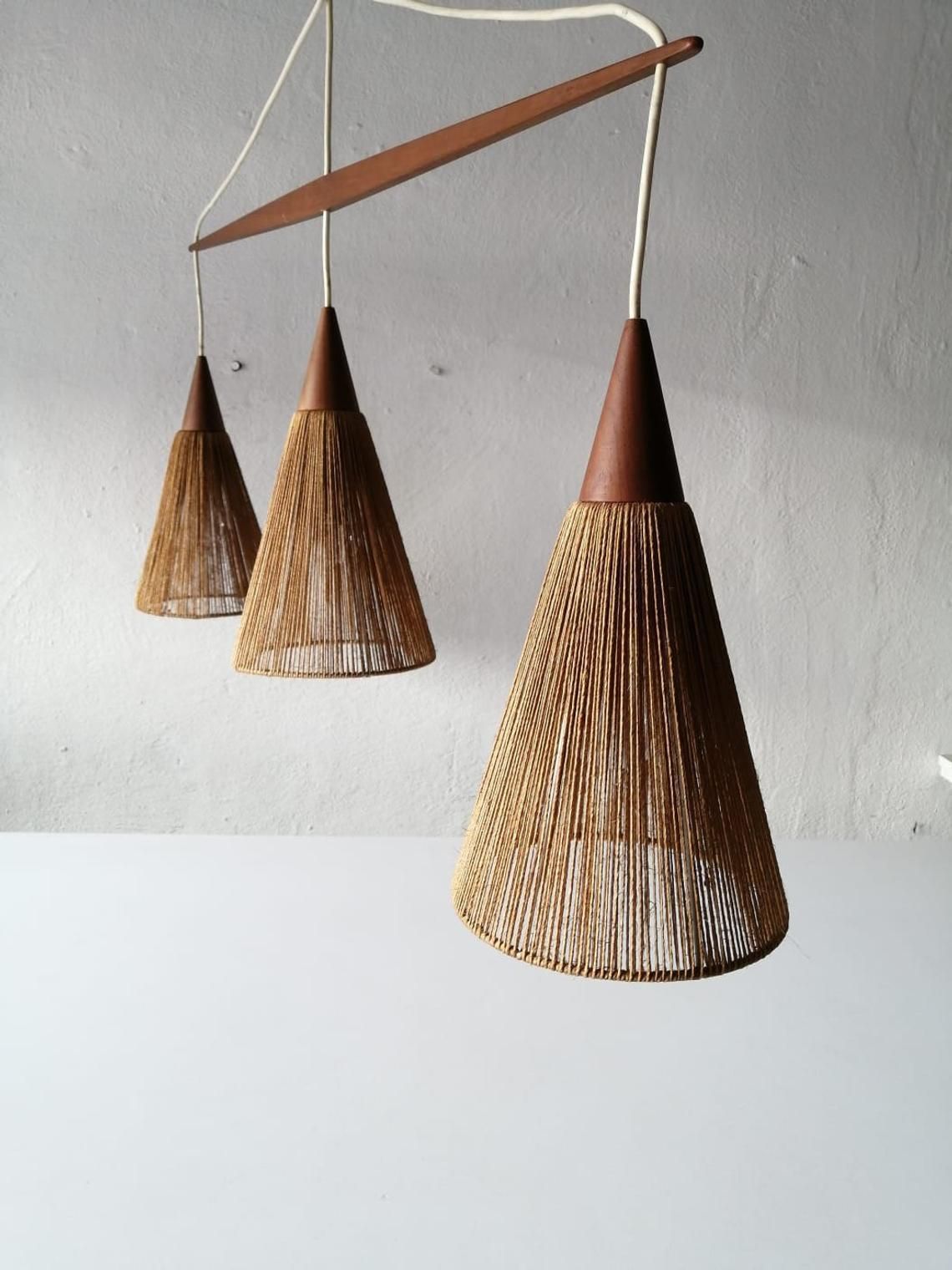 Rare Teak And Natural Ropes Triple Shade Ceiling Lamp By Ib Fabiansen For Fog & Mørup, 1960s Denmark photo Lighting