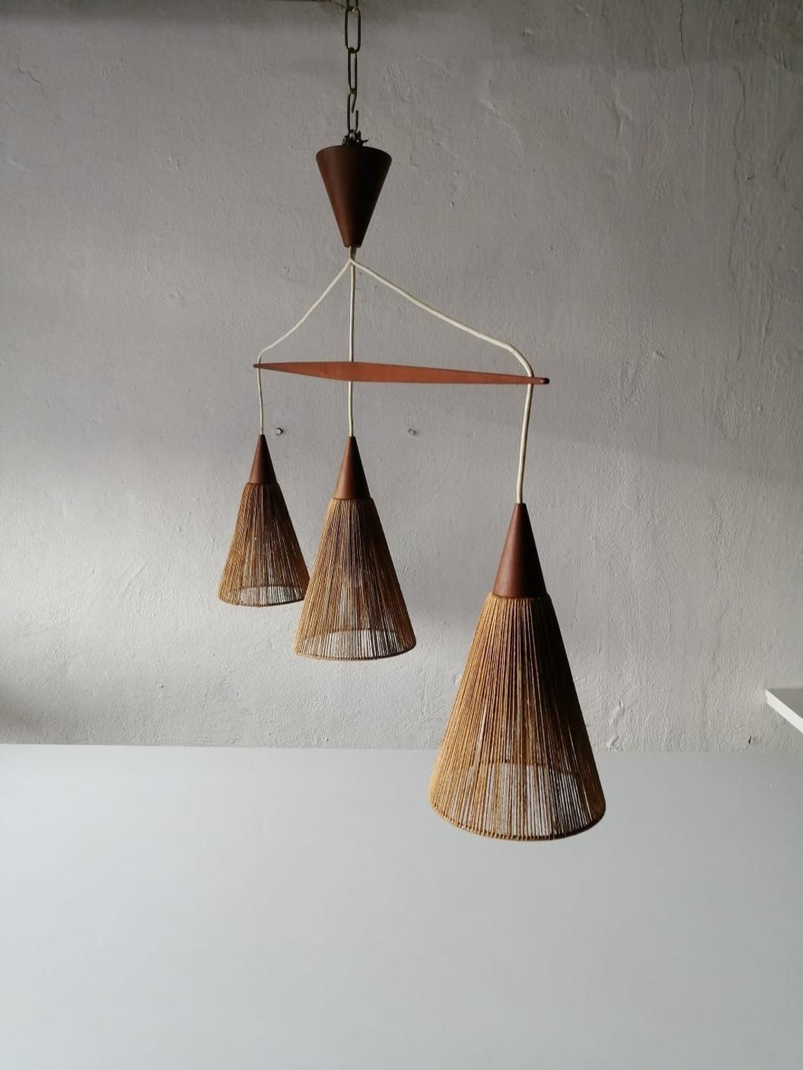 Rare Teak And Natural Ropes Triple Shade Ceiling Lamp By Ib Fabiansen For Fog & Mørup, 1960s Denmark photo vintage