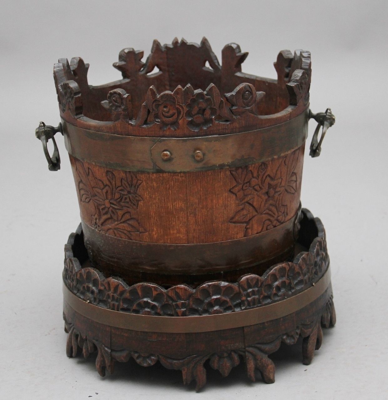 19th Century Carved Oak Bucket And Stand photo for sale