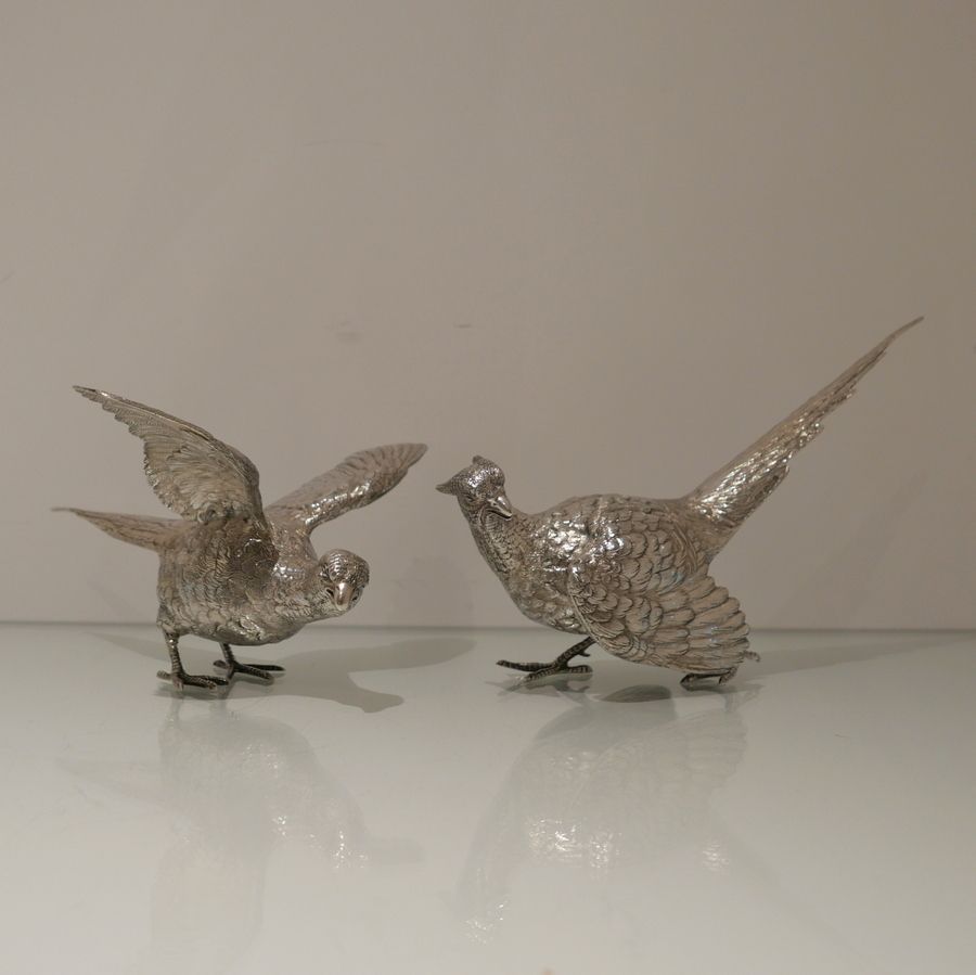 20th Century Modern Sterling Silver Pair Of Large Pheasants London 1976 Mappin & Webb photo for sale