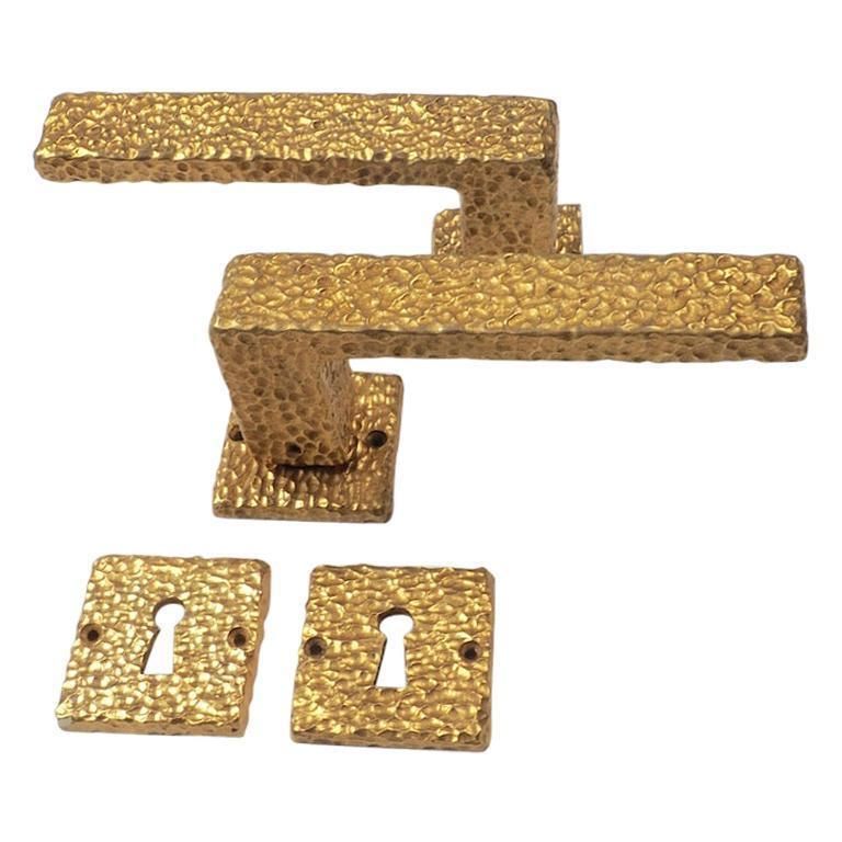 Three Sets Of French 1970s Gilt Door Handles With Matching Key Plates
