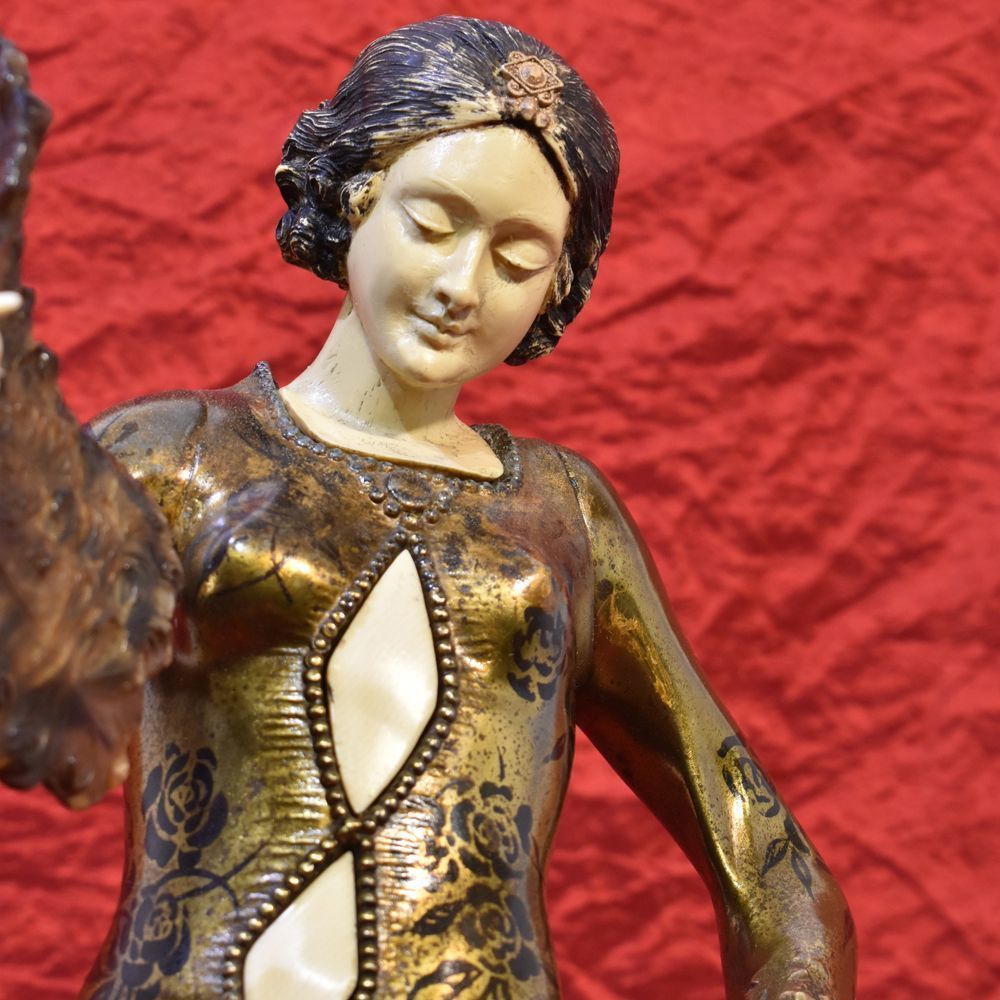 Antique Antimony Sculpture, Woman With Fan Sculpture, Art Deco, 20 Th Century. photo for sale