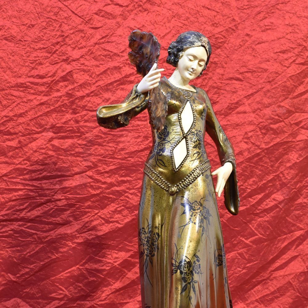 Antique Antimony Sculpture, Woman With Fan Sculpture, Art Deco, 20 Th Century. photo Home Decor