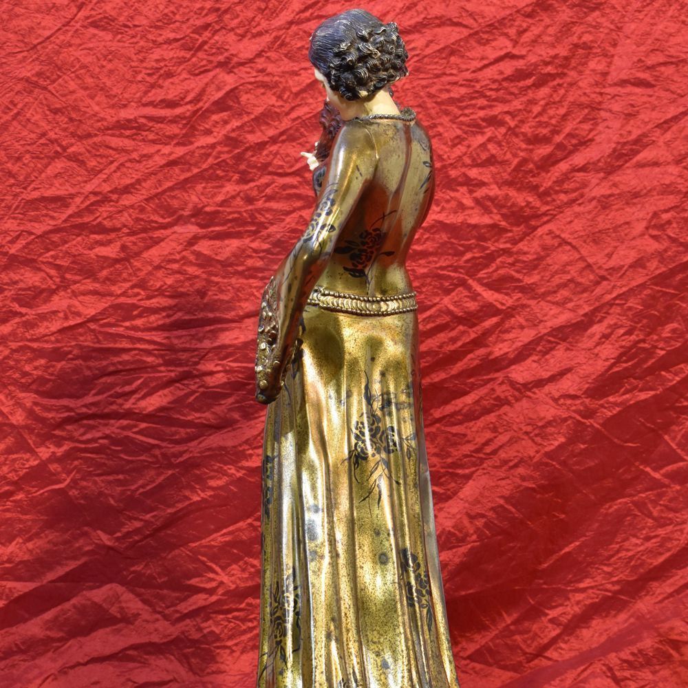 Antique Antimony Sculpture, Woman With Fan Sculpture, Art Deco, 20 Th Century. photo vinterior