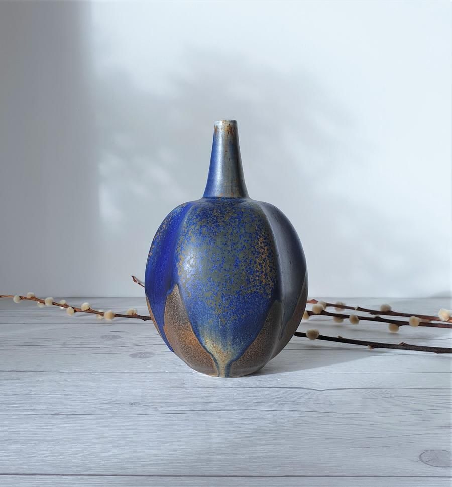 Reiner Gehrig, Grünstadt Studio, Matte Cedar, Sand And Blue Running Glaze Bottle Vase | 1970s photo buy