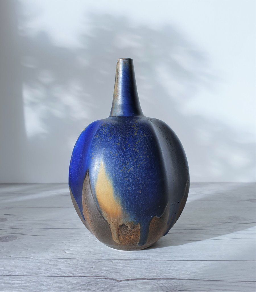289.0 Reiner Gehrig, Grünstadt Studio, Matte Cedar, Sand And Blue Running Glaze Bottle Vase | 1970s photo