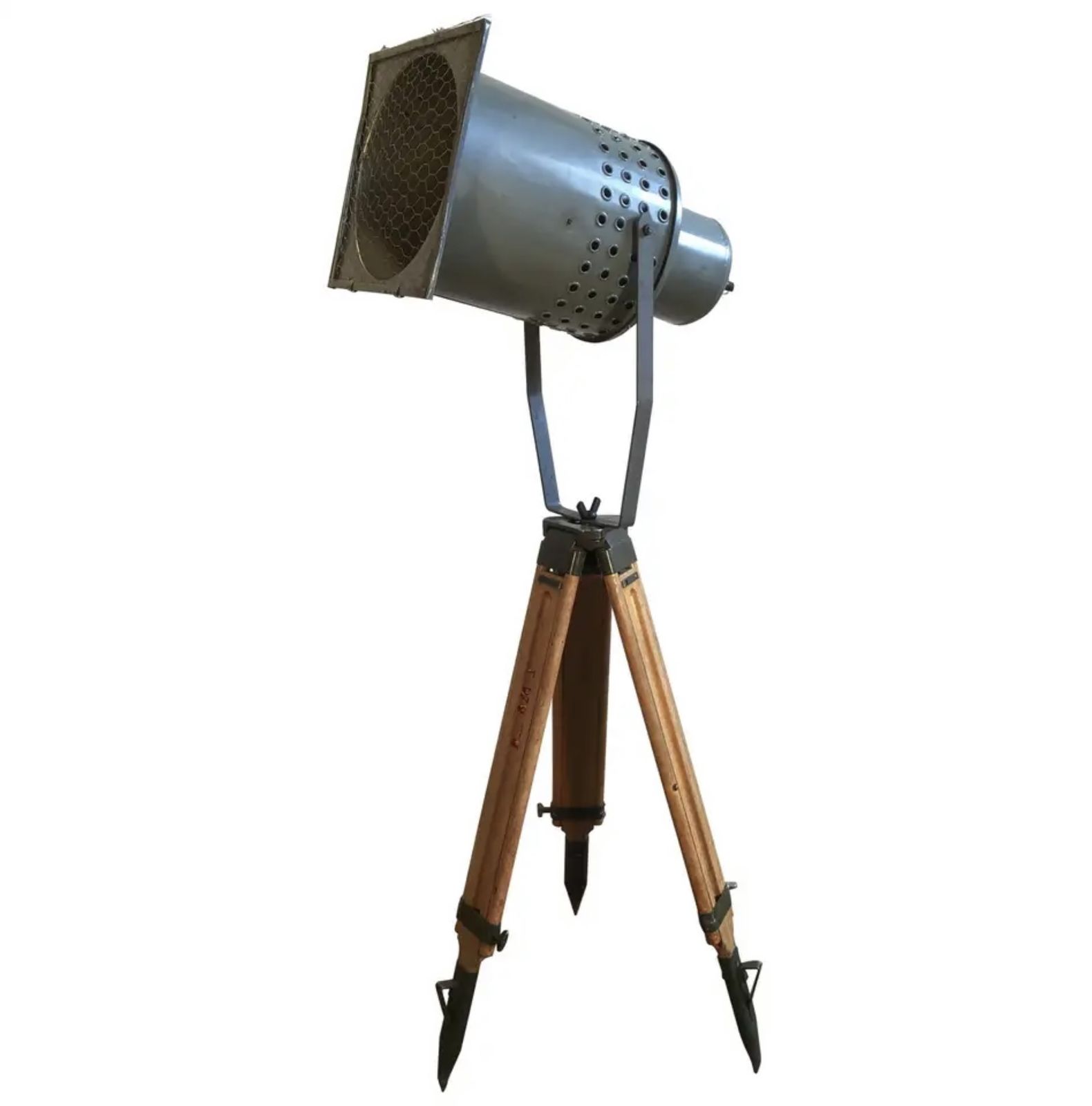Large Grey Industrial Spotlight On Wooden Tripod, 2x