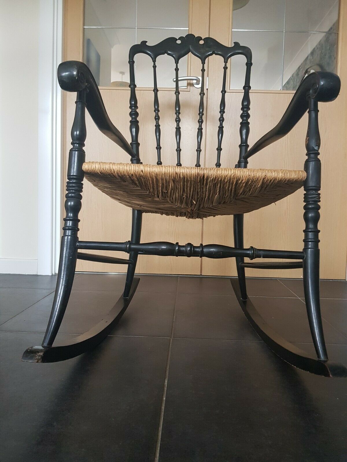 A Rare Italian Vintage Chiavari Ebonised Rocking Armchair 1950s photo 495.0
