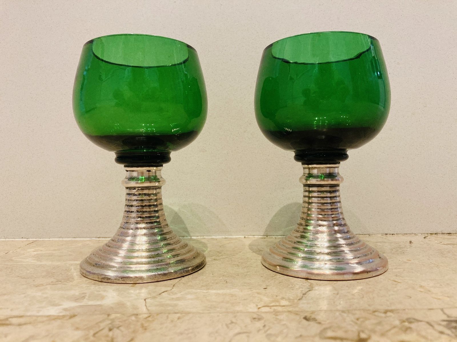 photo buy Mid Century French Set Of Punch Bowl Green Glass With Top And 2 Matching Cups