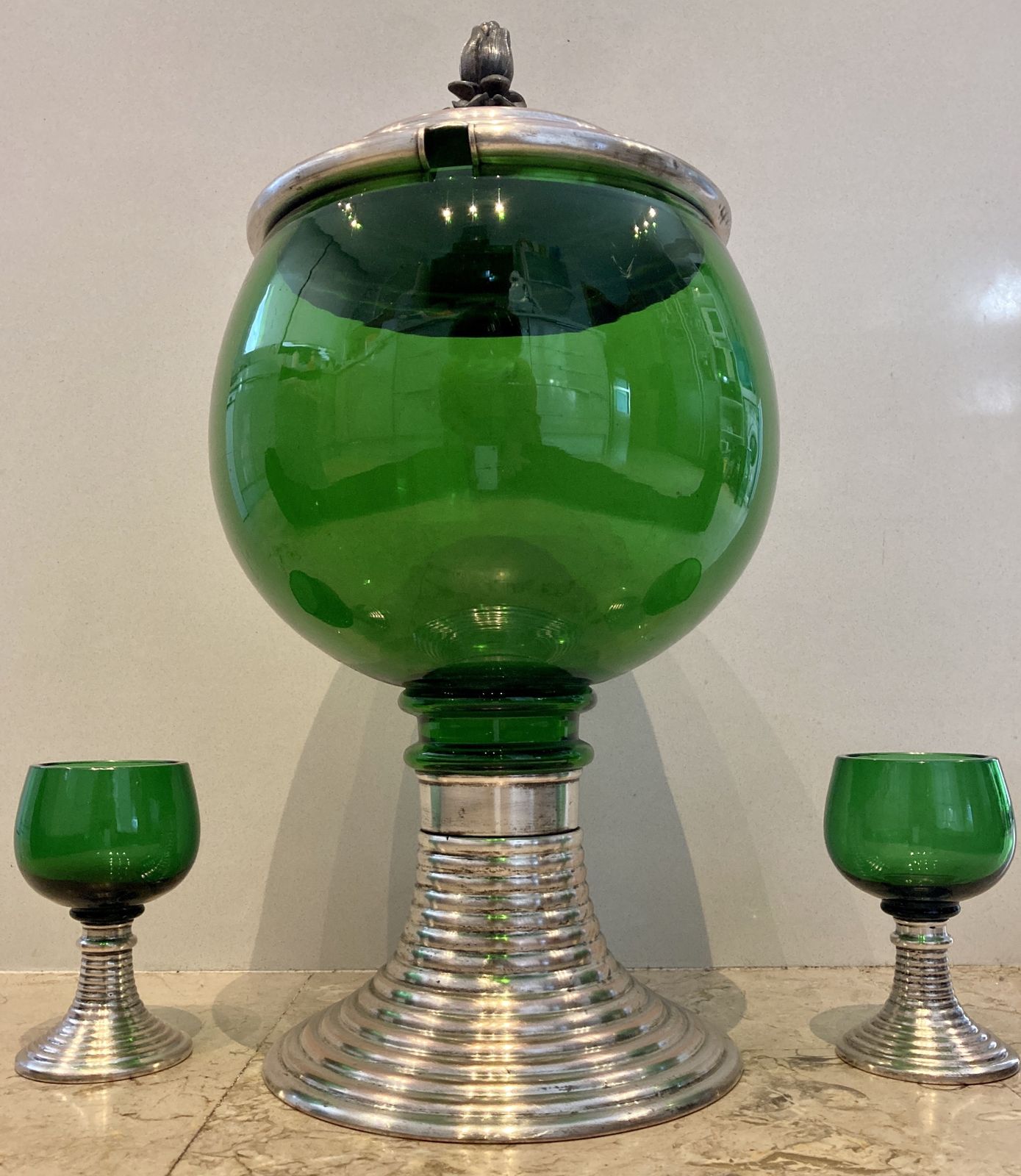 Mid Century French Set Of Punch Bowl Green Glass With Top And 2 Matching Cups photo Home Decor