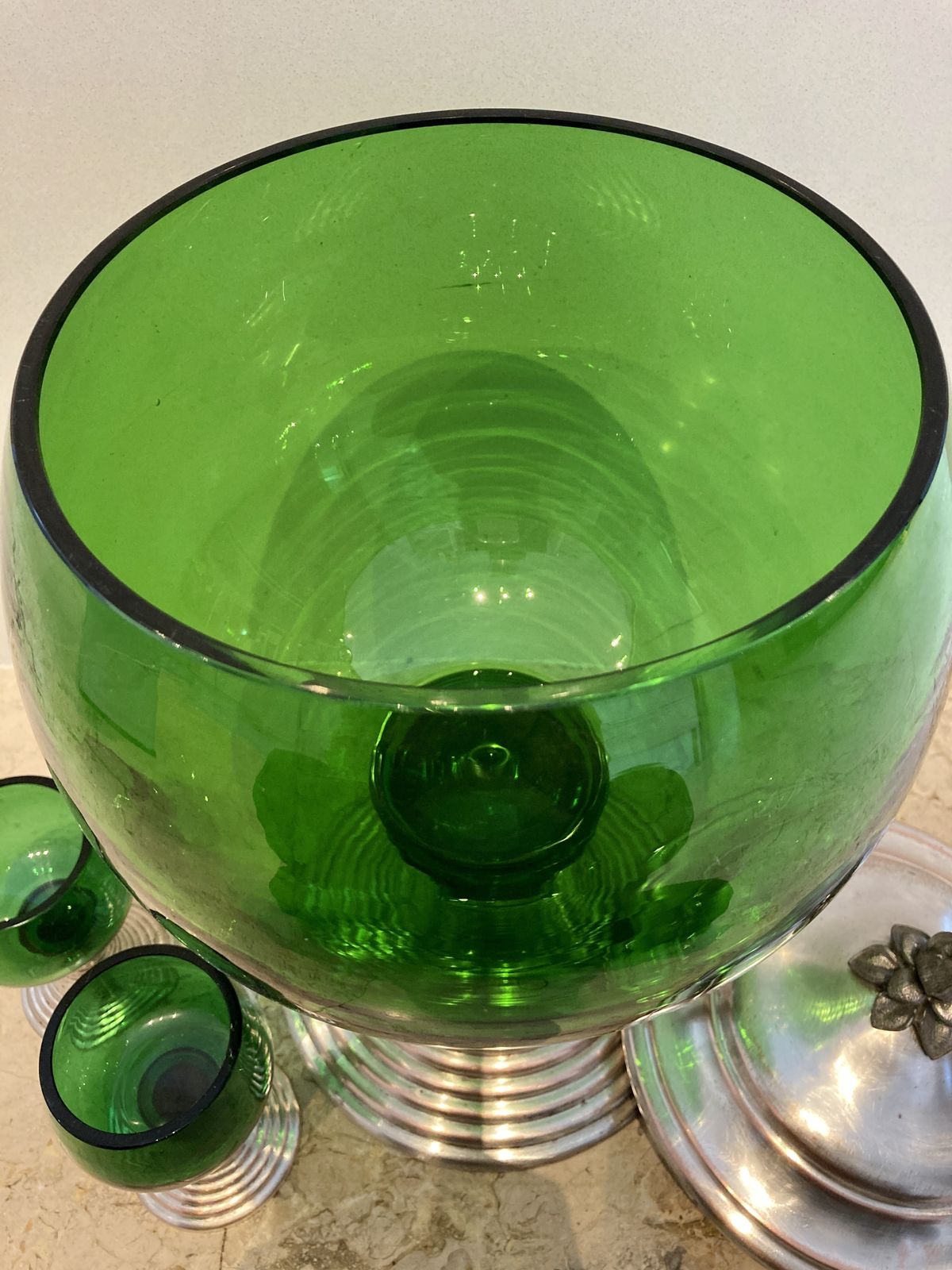 Mid Century French Set Of Punch Bowl Green Glass With Top And 2 Matching Cups photo vintage