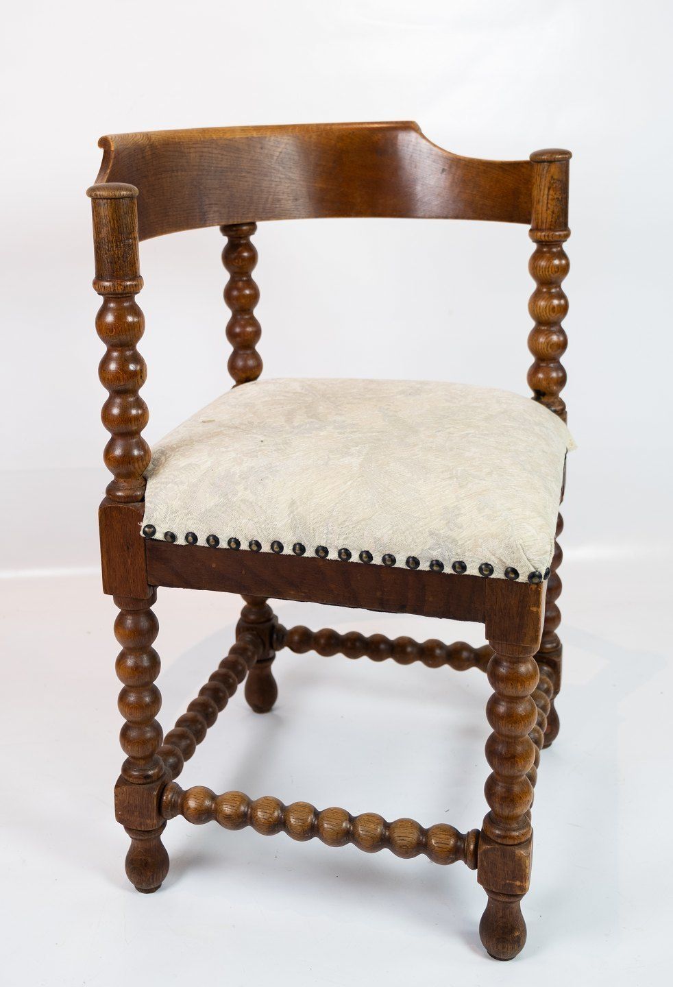 Armchair In Polished Oak And Upholstered With Light Fabric, From The 1890s. photo furniture
