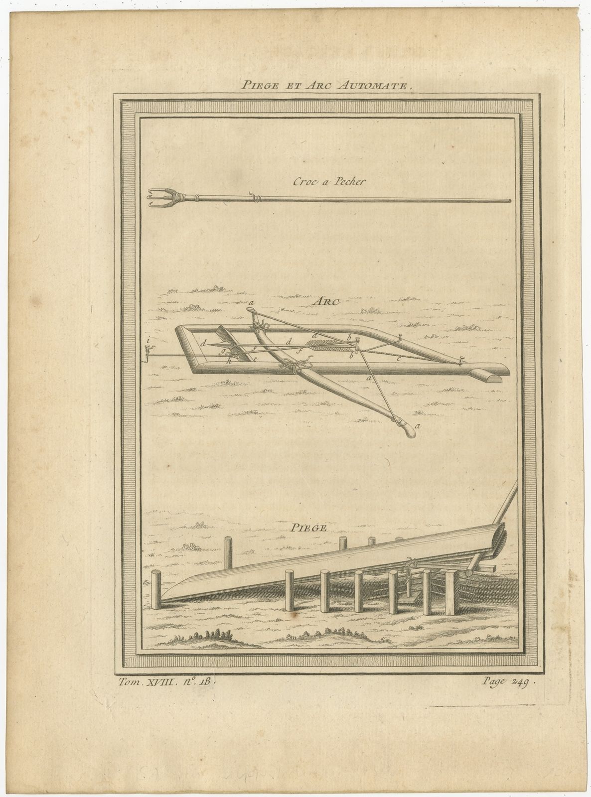 Antique Print Of A Mechanical Trap With Crossbow And Arrow By Prévost (1768)