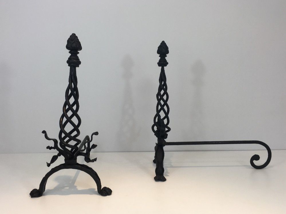 Pair Of Twisted Wrought Iron Andirons With Finials. French. Circa 1940 photo 680.0