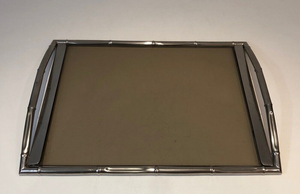 : In The Style Of Jacques Adnet. Faux Bamboo Chromed Tray With Smoked Glass photo furniture