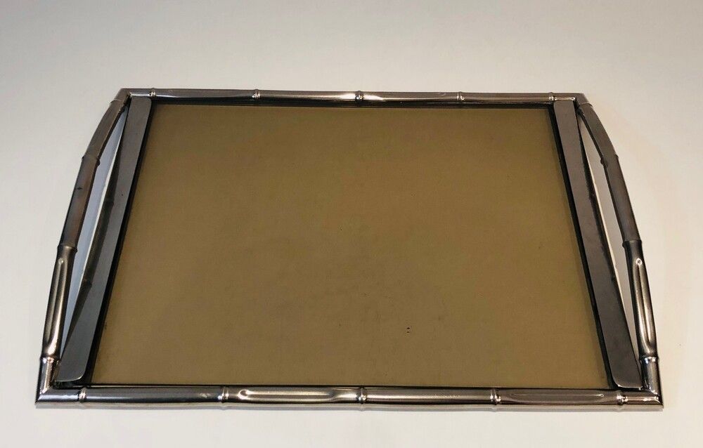 : In The Style Of Jacques Adnet. Faux Bamboo Chromed Tray With Smoked Glass photo for sale
