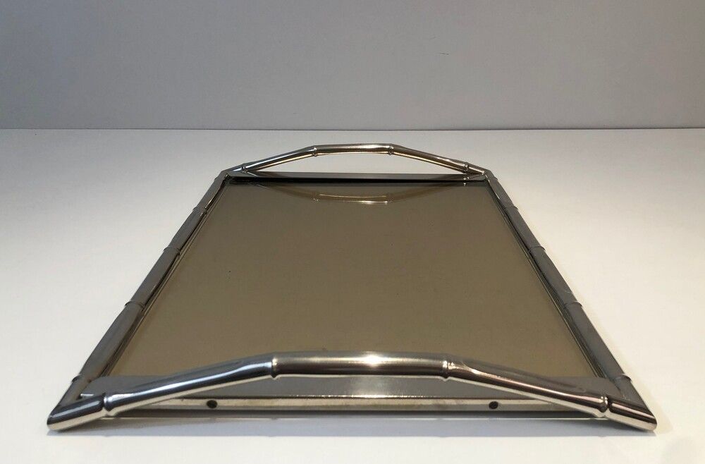 : In The Style Of Jacques Adnet. Faux Bamboo Chromed Tray With Smoked Glass photo Home Decor