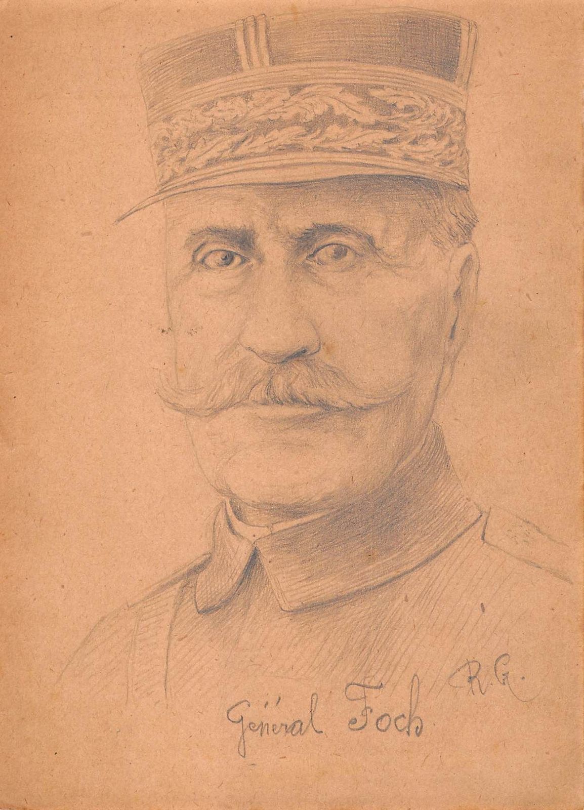 Original Drawing Portrait Of Marshal Foch In Pencil On Early 20th Century Paper photo furniture