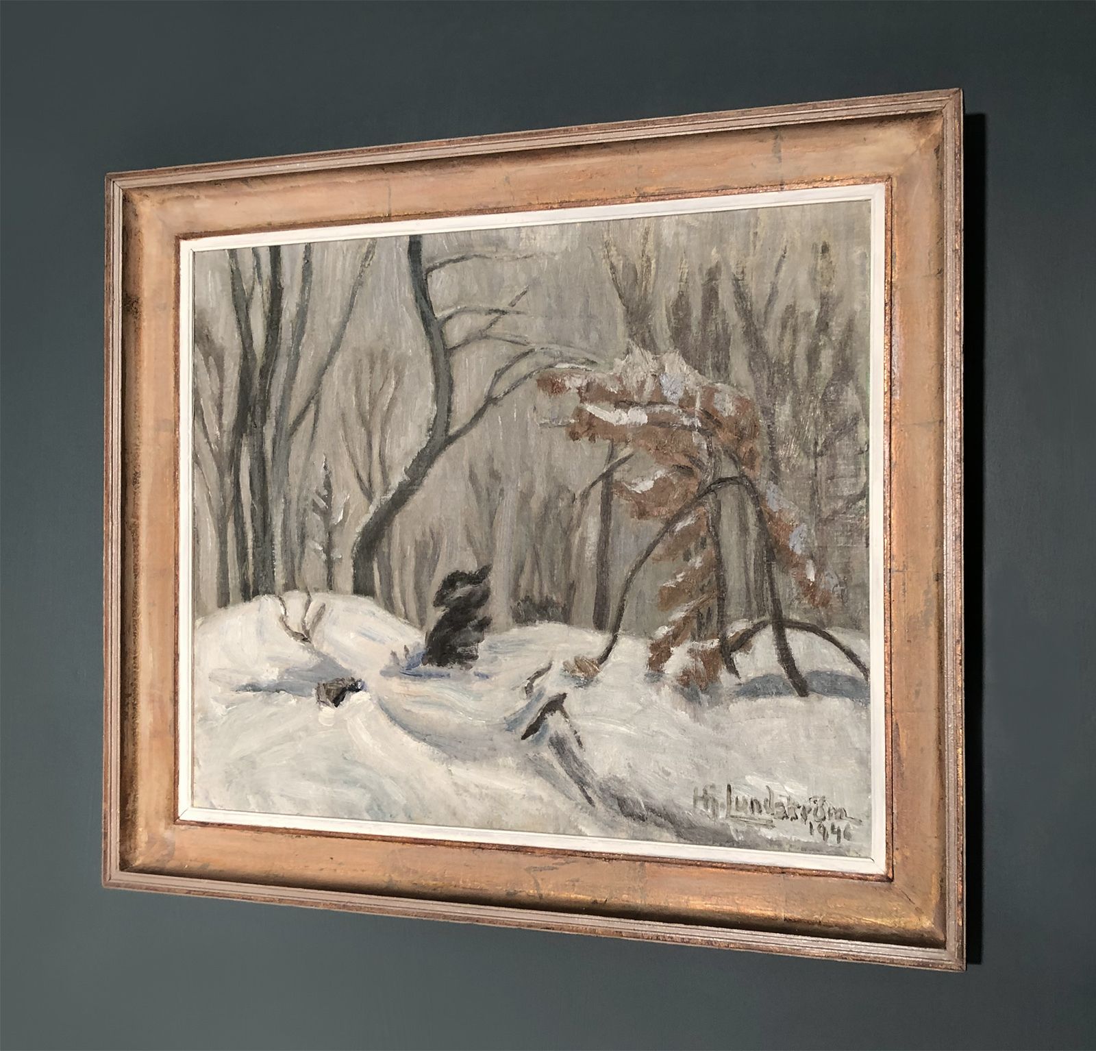 Swedish Oil Painting 1946   Woodland Trees In Snow   Hjalmar Lundström