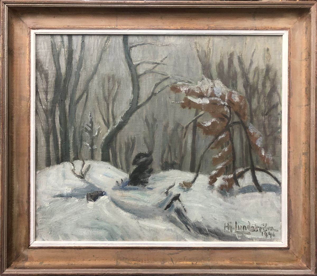 Swedish Oil Painting 1946   Woodland Trees In Snow   Hjalmar Lundström photo furniture