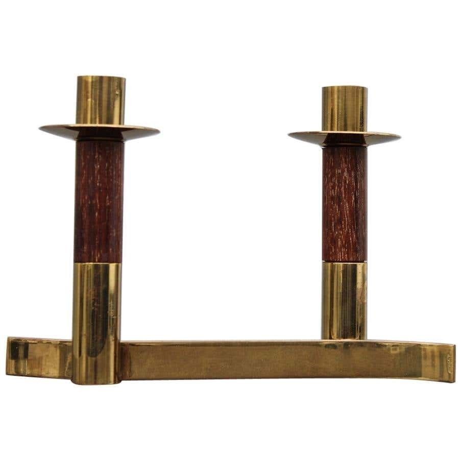 Candlestick Articulated Midcentury Italian Design Brass And Wood, 1950s