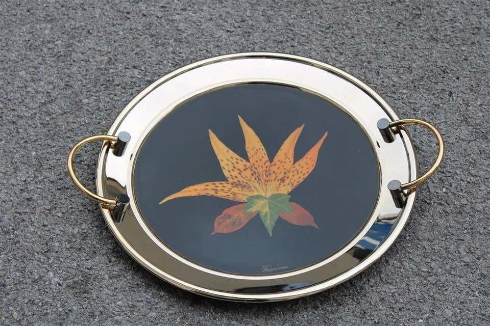 Round Tray In Golden Brass With Black Background And Real Leaves Made In Italy photo Home Decor