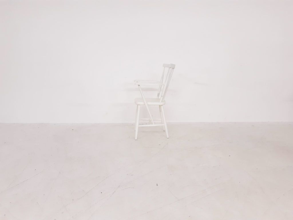 Mid Century White Spindle Back Arm Chair photo for sale