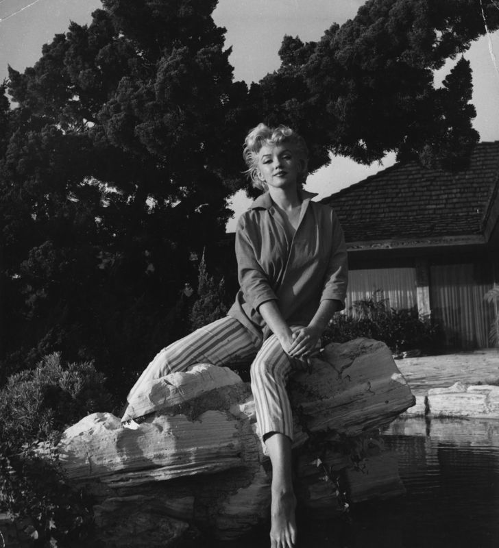'Marilyn Monroe Wearing Striped Capri Pants' Circa 1954 Oversize Silver Gelatin Print Framed In White photo furniture