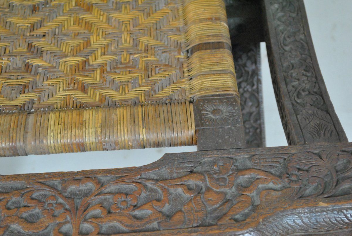 photo for sale Folding Chair In Carved Exotic Wood And Cannage, Asia, Late 19th / Early 20th Century