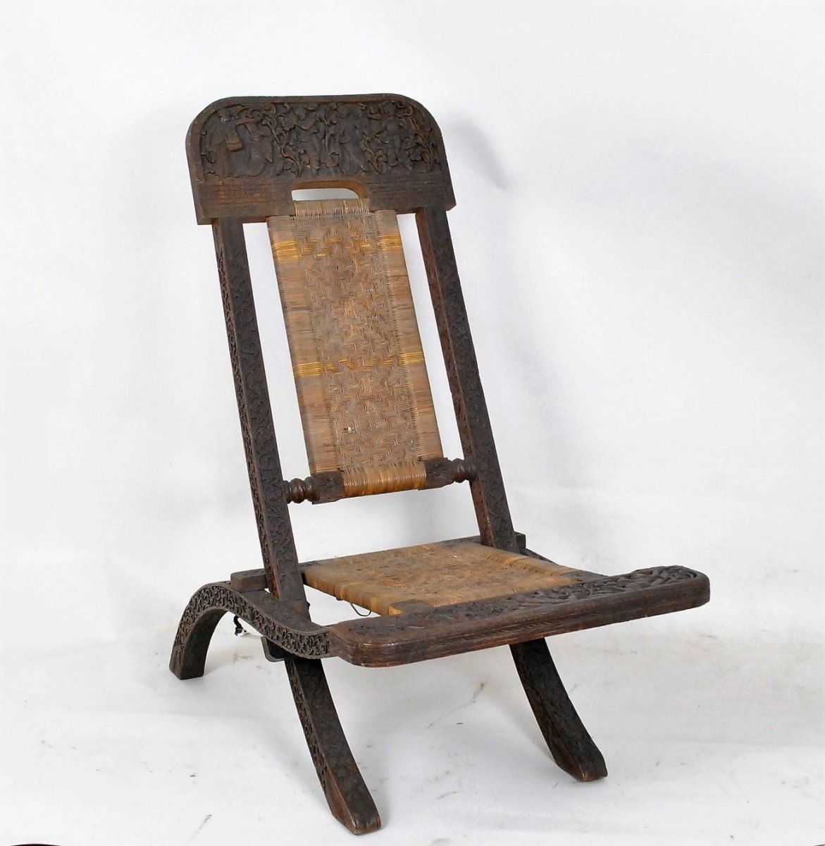 Folding Chair In Exotic Wood Carved And Cannage, Asia, Late 19th / Early 20th Century