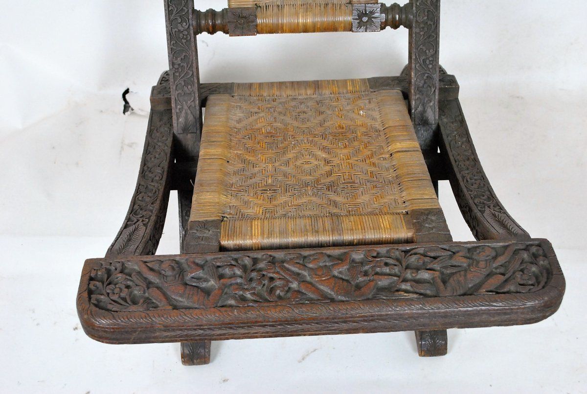 Folding Chair In Exotic Wood Carved And Cannage, Asia, Late 19th / Early 20th Century photo Furniture