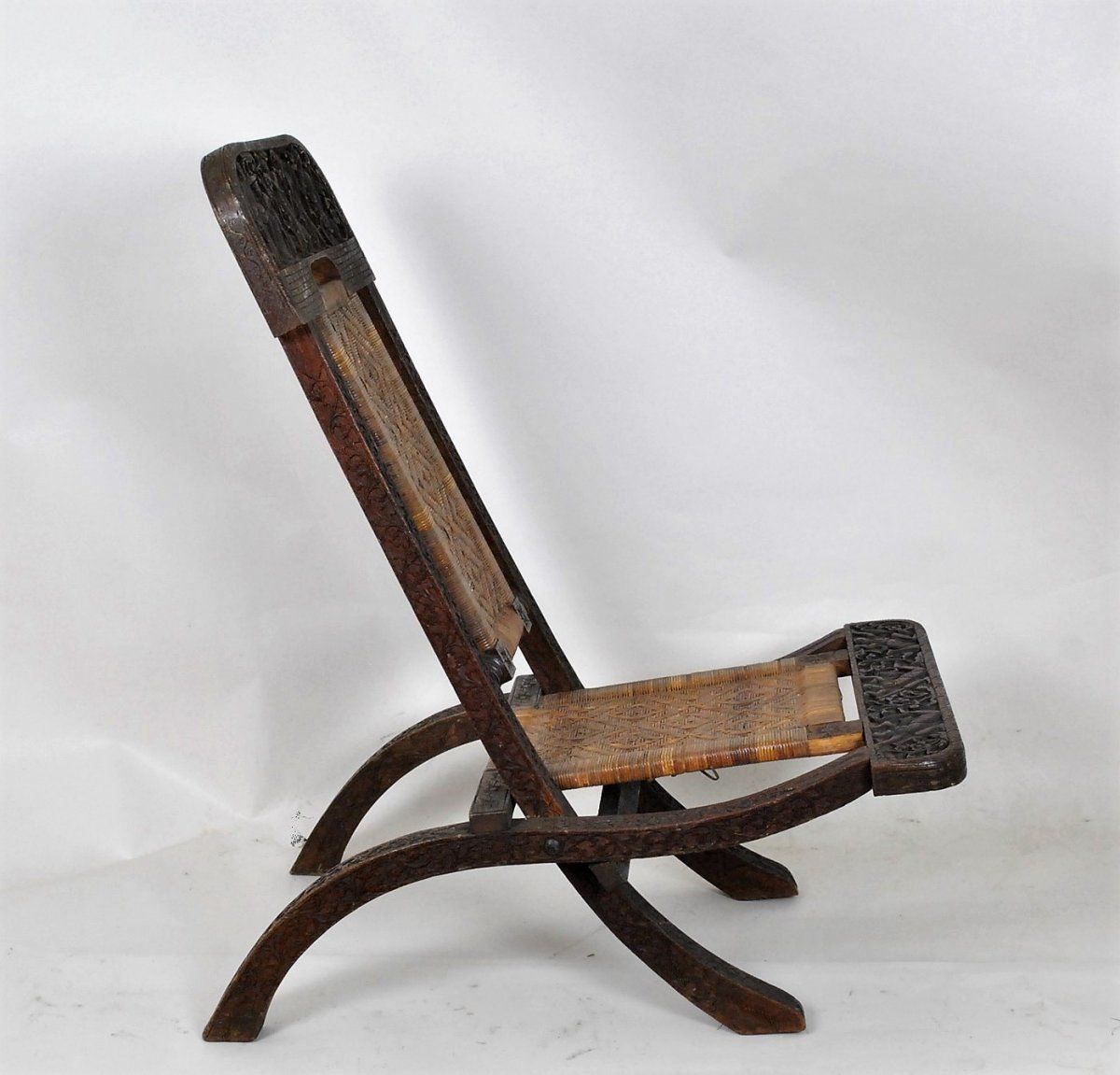 Folding Chair In Exotic Wood Carved And Cannage, Asia, Late 19th / Early 20th Century photo vintage