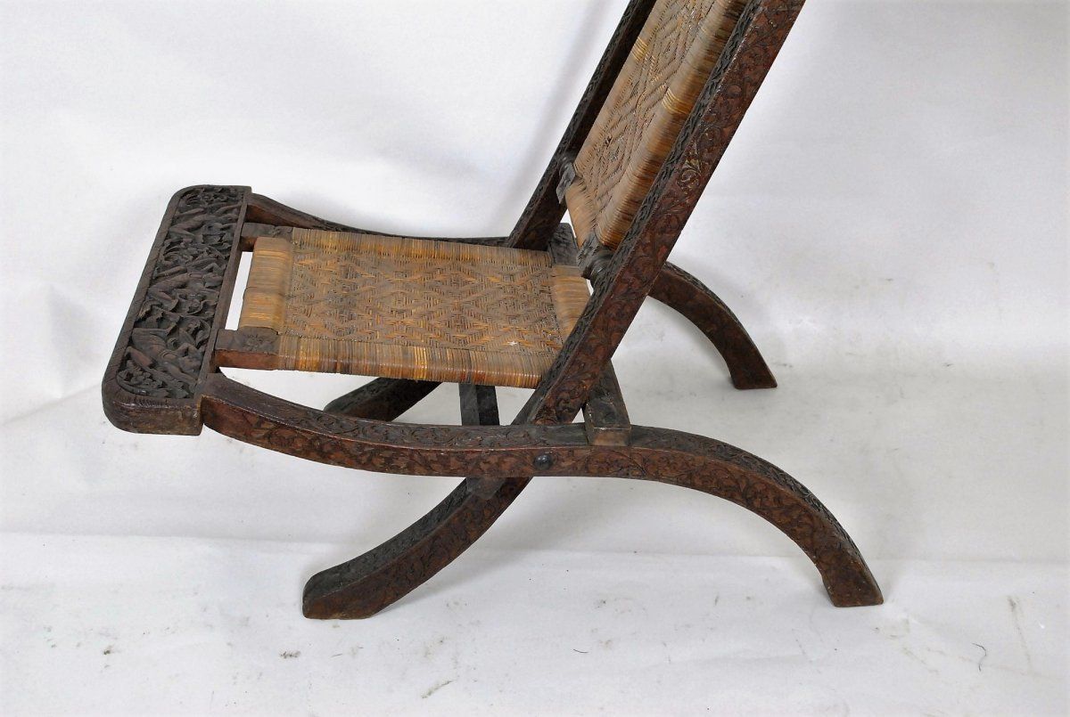 photo for sale Folding Chair In Exotic Wood Carved And Cannage, Asia, Late 19th / Early 20th Century