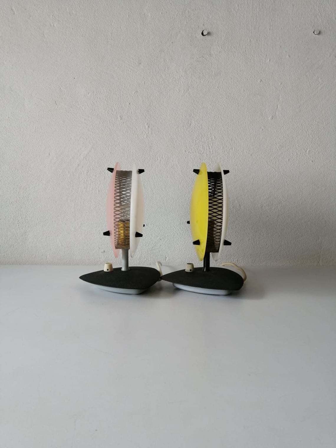 Beautiful Pink/Yellow And White Plexiglass Italian Pair Of Table Lamps, 1950s Italy photo buy