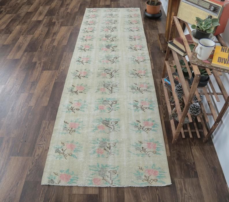 3x9 Vintage Turkish Runner, Oushak Handmade Wool Rug, Light Green Floral Hallway Rugs, Anatolia Farmhouse Decor One Of A Kind, Ethnic