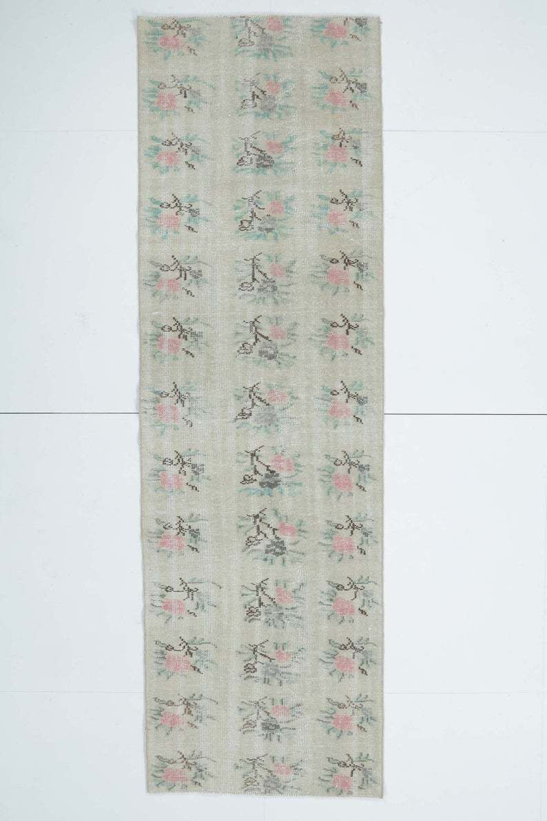 3x9 Vintage Turkish Runner, Oushak Handmade Wool Rug, Light Green Floral Hallway Rugs, Anatolia Farmhouse Decor One Of A Kind, Ethnic photo furniture