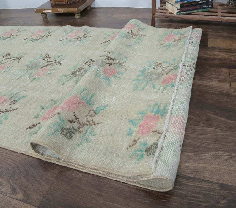 3x9 Vintage Turkish Runner, Oushak Handmade Wool Rug, Light Green Floral Hallway Rugs, Anatolia Farmhouse Decor One Of A Kind, Ethnic photo buy