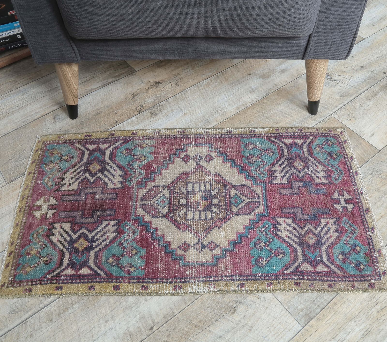 Turkish Oushak Rug, Door Mat Small Carpet, Handmade Wool Oriental, Purple Mini, Made In Anatolia photo for sale