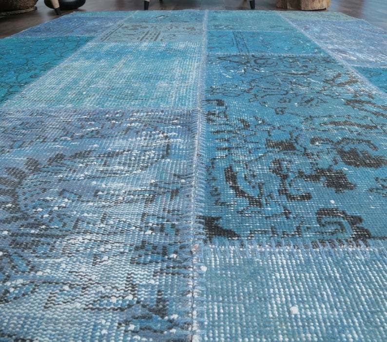 Patchwork Turkish Vintage Rug, Oushak Handmade Wool Rug, Blue Custom Rugs, Farmhouse Decor, One Of A Kind, Anatolia photo vinterior