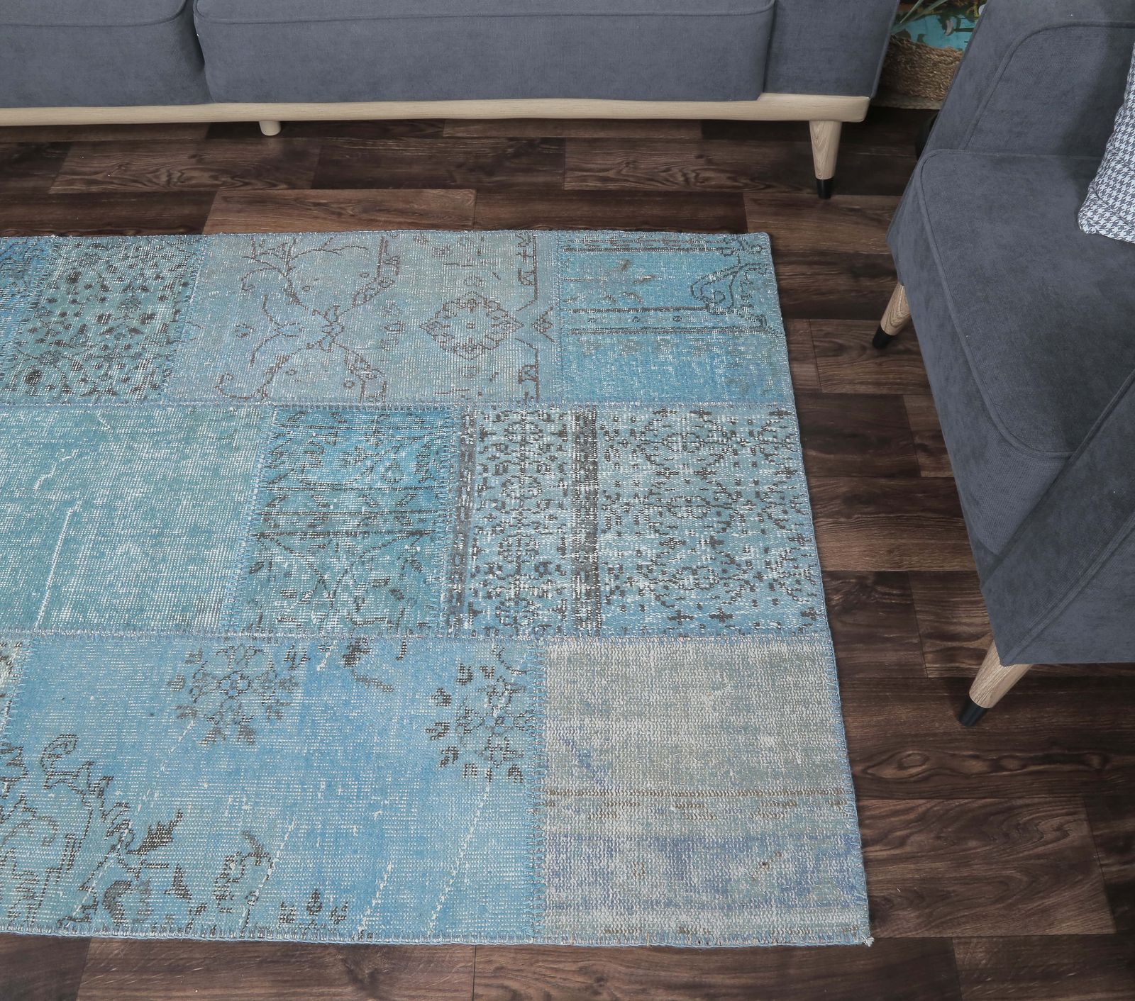Patchwork Turkish Vintage Rug, Oushak Handmade Wool Rug, Blue Custom Area Rugs, Farmhouse Decor, One Of A Kind, Anatolian Carpet photo Textiles