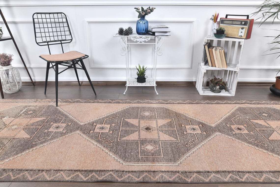 4x13 Turkish Vintage Runner, Oushak Handmade Wool Rug, Red Faded Hallway Rugs, Farmhouse Decor, One Of A Kind, Made In Anatolia, Boho Decor photo for sale