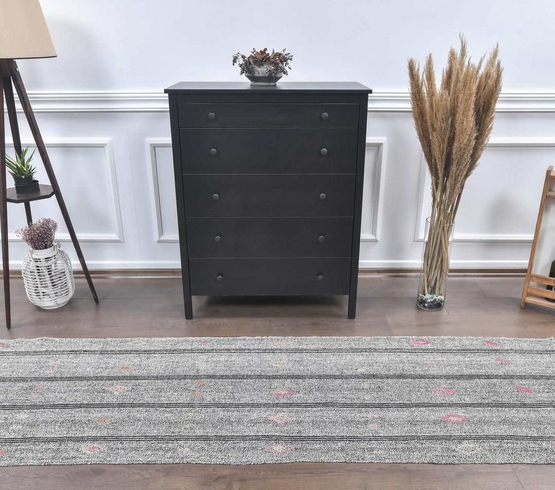 3x9 Vintage Turkish Kilim Runner Rug, Oushak Handmade Wool Flatweave, Gray Ethnic Rugs, Farmhouse Decor, One Of A Kind, Bohemian photo furniture