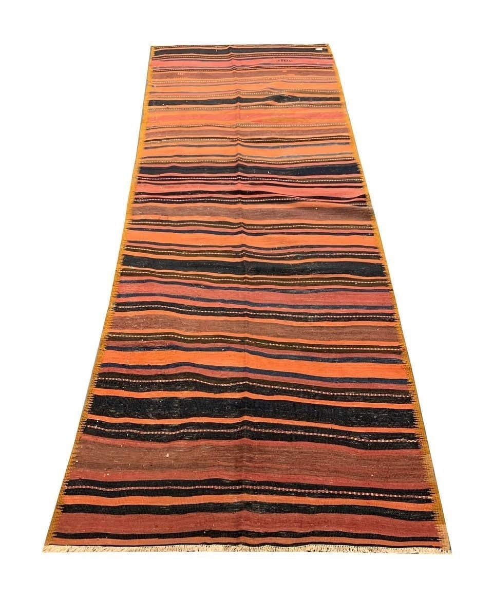 Vintage Striped Turkish Kilim Rug  Handmade Traditional Wool Rug  125x363cm photo furniture