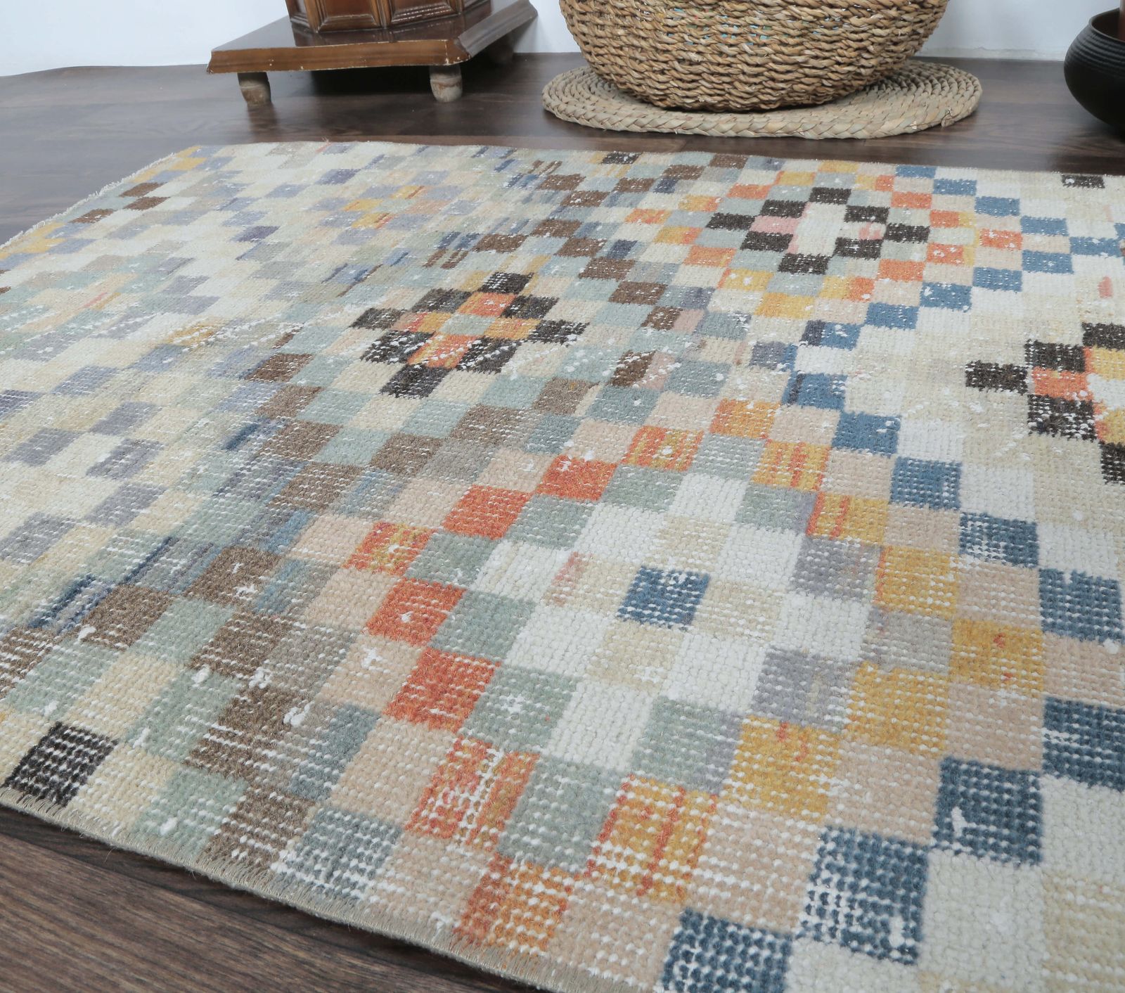 Turkish Rug, Oushak Handmade Wool Check Mini Rug, Retro, Colorful Beige Door Mat Rugs, Farmhouse Decor One Of A Kind Doormat photo 152.0