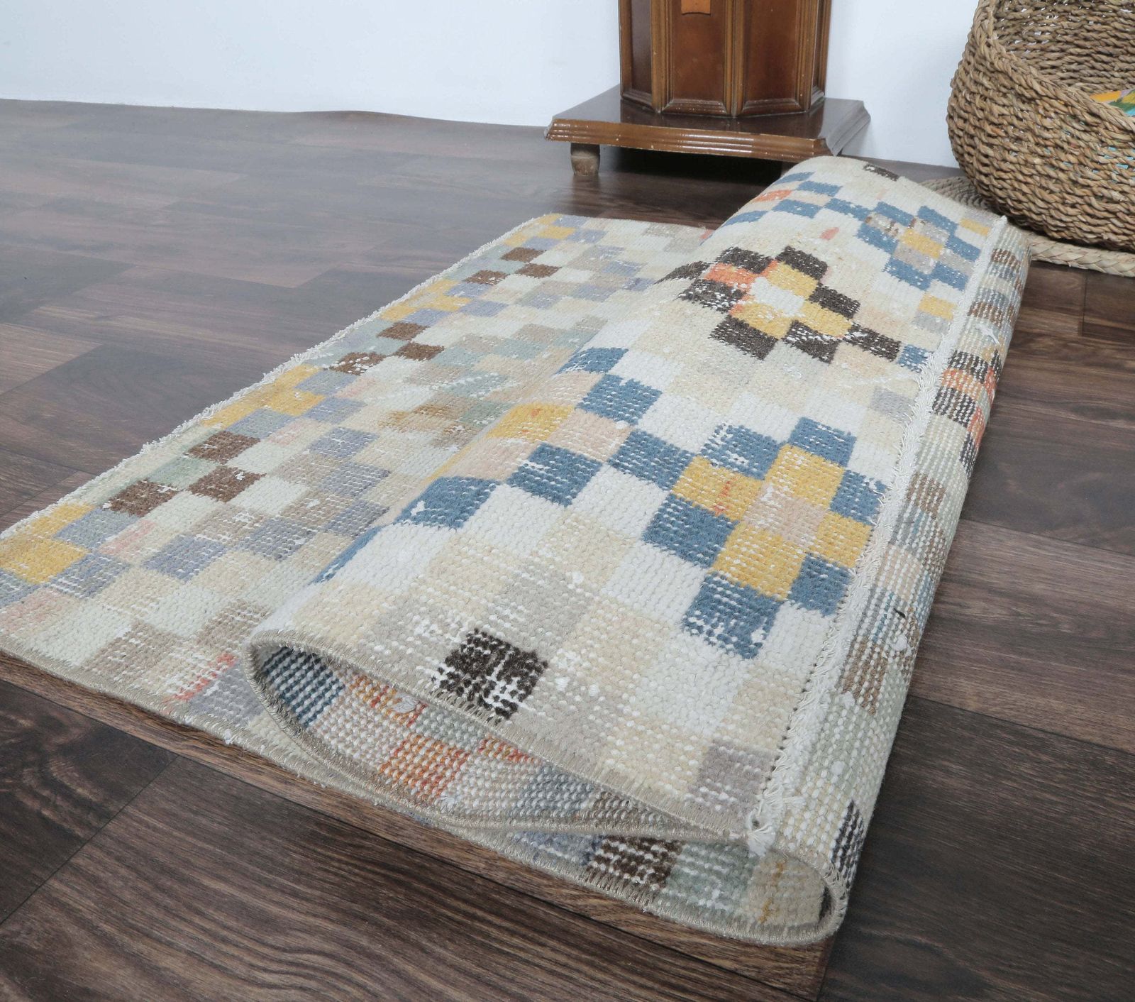 Turkish Rug, Oushak Handmade Wool Check Mini Rug, Retro, Colorful Beige Door Mat Rugs, Farmhouse Decor One Of A Kind Doormat photo buy