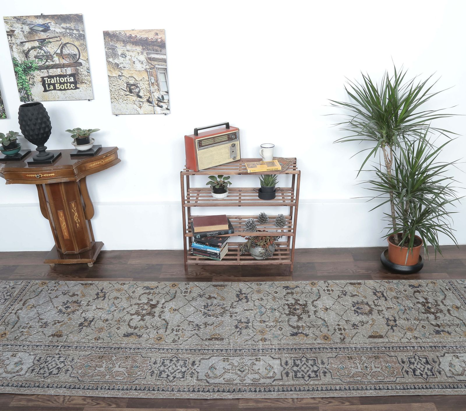 Turkish Vintage Runner, Oushak Handmade Wool Rug, Floral Gray Hallway Rugs, Farmhouse Decor, One Of A Kind, Folk Art, Made In Anatolia photo for sale