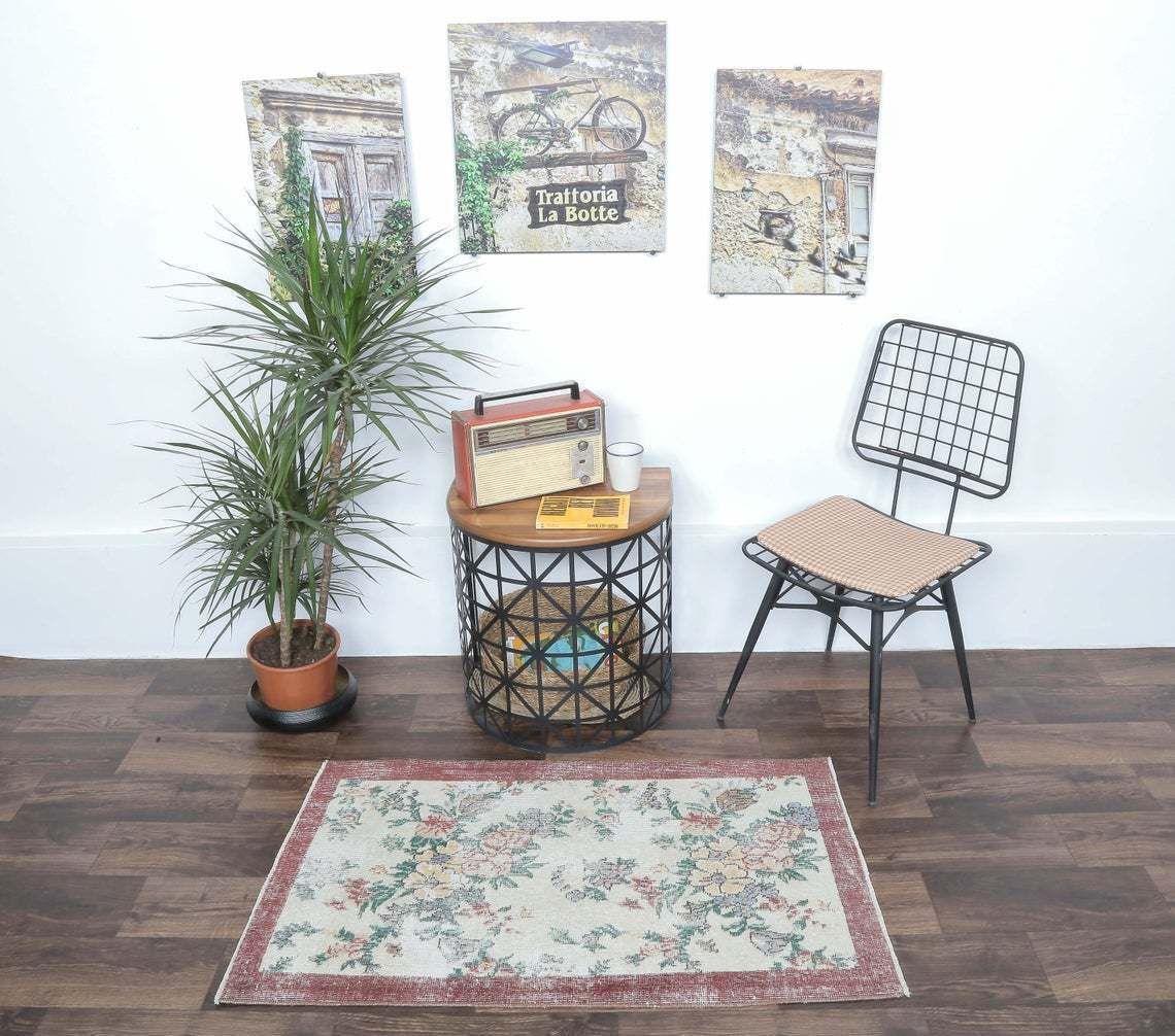 2x4 Turkish Vintage Oushak Runner, Floral Beige Handmade Wool Rug, Hallway & Kitchen Rugs, Farmhouse Decor, One Of A Kind, Anatolia photo for sale