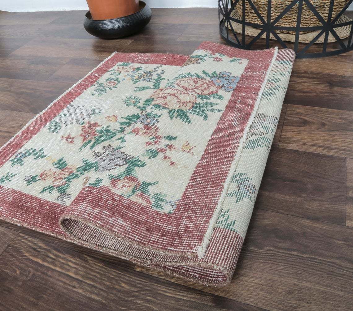 2x4 Turkish Vintage Oushak Runner, Floral Beige Handmade Wool Rug, Hallway & Kitchen Rugs, Farmhouse Decor, One Of A Kind, Anatolia photo buy