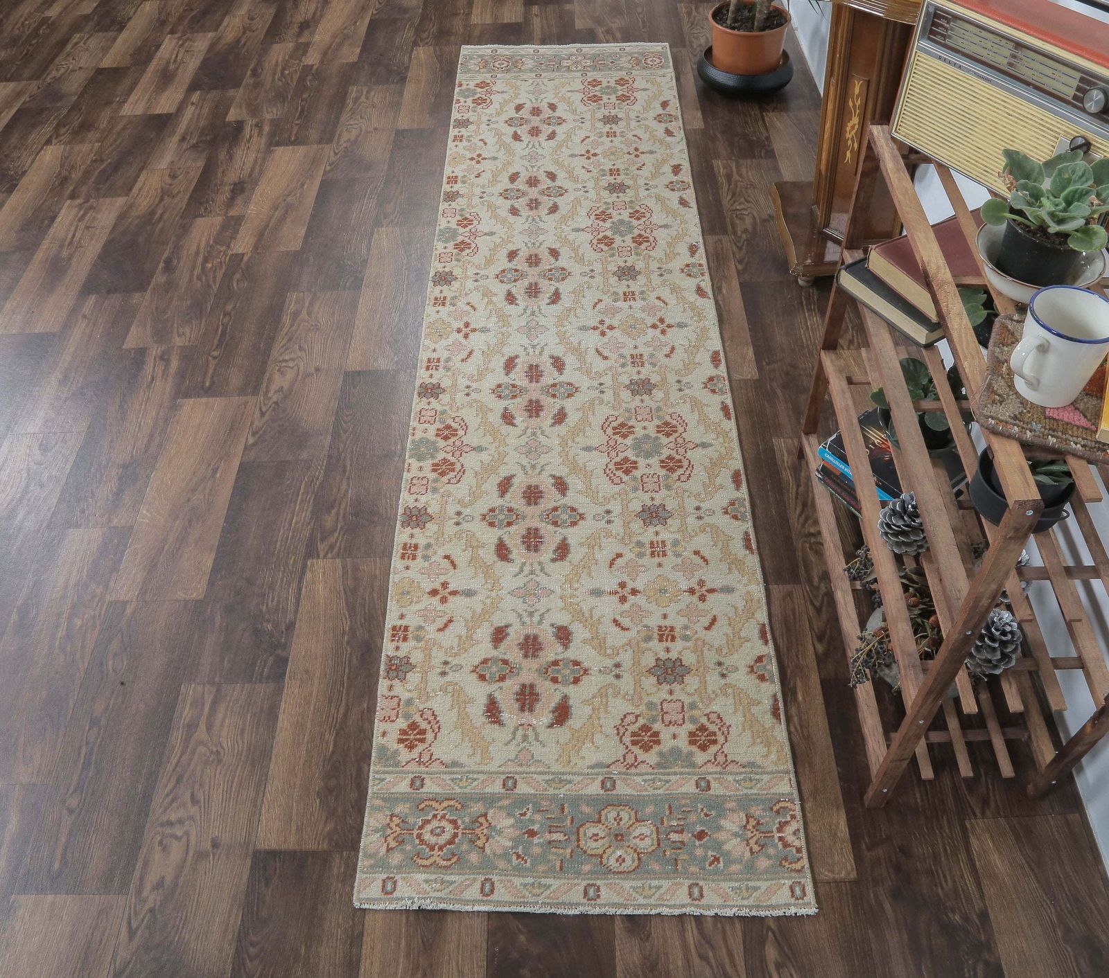 Turkish Vintage Oushak Runner, Floral Beige Handmade Wool Rug, Hallway & Kitchen Rugs, Farmhouse Decor, One Of A Kind, Anatolia